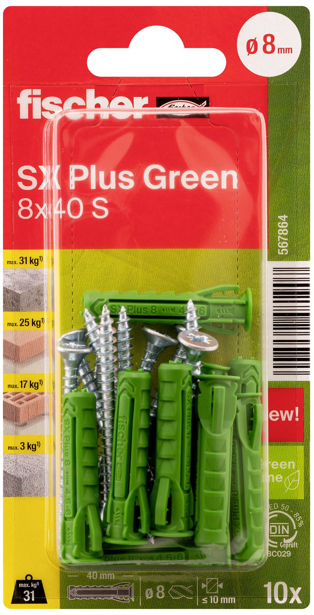 Zestaw kołków Fischer SX Plus Green, 10 sztuk, 8x40 mm, wraz ze śrubami. Opakowanie wskazuje na nośność do 31 kg.