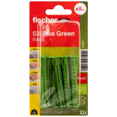 Opakowanie wtyczek do ścian Fischer SX Plus Green, rozmiar 8x65 mm, 10 sztuk, na obciążenie do 150 kg, pokazane w opakowaniu czerwonym, żółtym i zielonym z tekstem produktu i kodem kreskowym.