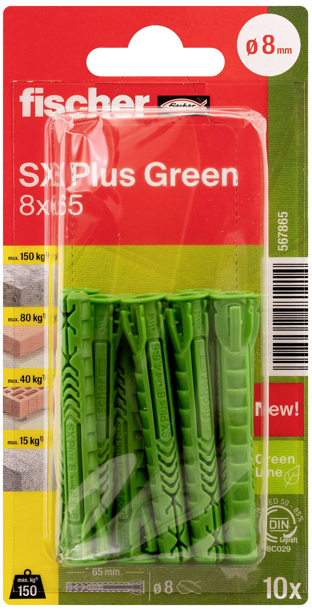 Opakowanie zielonych kołków 'fischer' do obciążenia do 150 kg. Zawiera 10 sztuk o średnicy 8 mm.