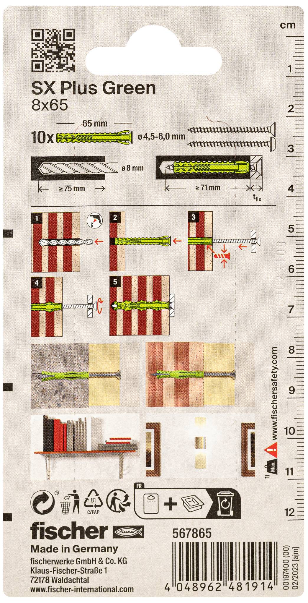 'Tylna strona opakowania kołka Fischer SX Plus Green 8x65. Instrukcja prawidłowego montażu z ilustracjami i wymiarami.'