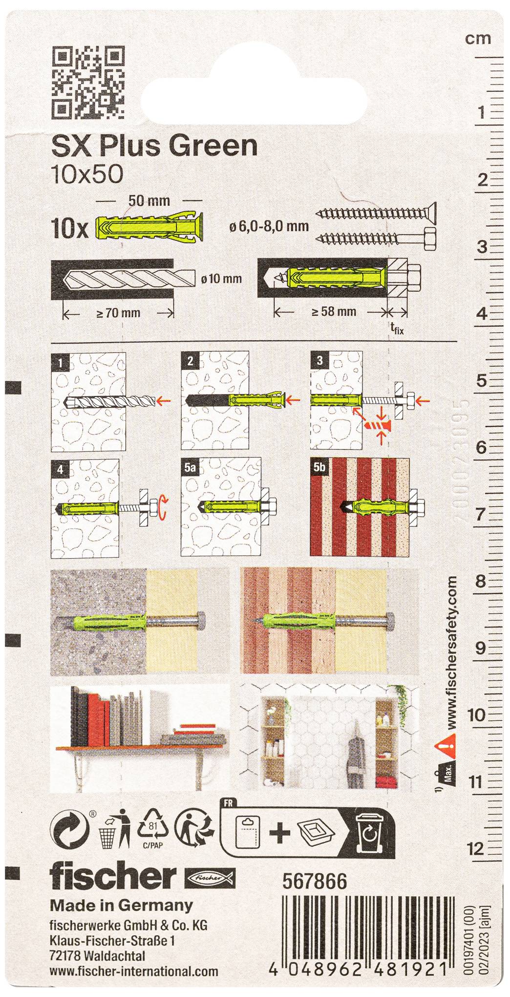 Diagram instalacji kołka rozporowego Fischer SX Plus Green 10x50. Przedstawia kolejne kroki wiercenia, wkładania i mocowania w ścianie.