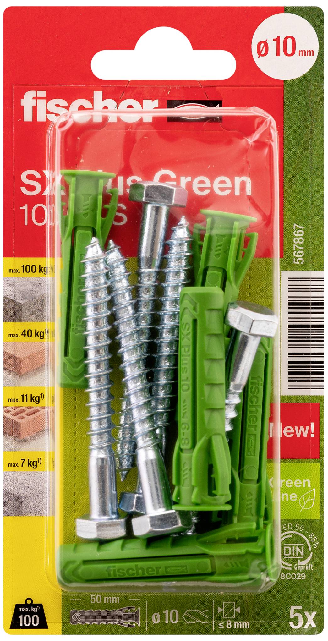Zestaw kołków i śrub Fischer SXRL10, 5 zielonych kołków, 5 śrub, Ø 10mm, obciążenie do 100 kg na betonie. Odpowiedni do materiałów pełnych.