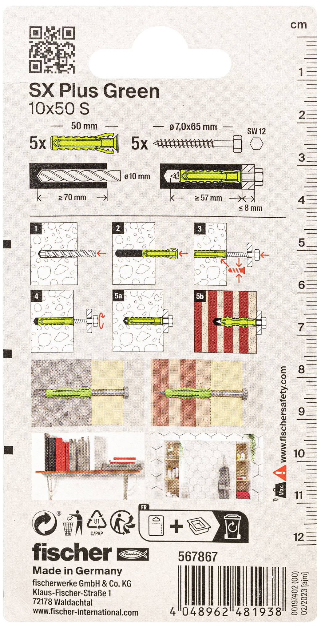 Opakowanie kołka SX Plus Green o rozmiarze 10x50 mm, z instrukcją montażu i informacjami producenta. Zawiera dane wymiarowe oraz kroki instalacji.