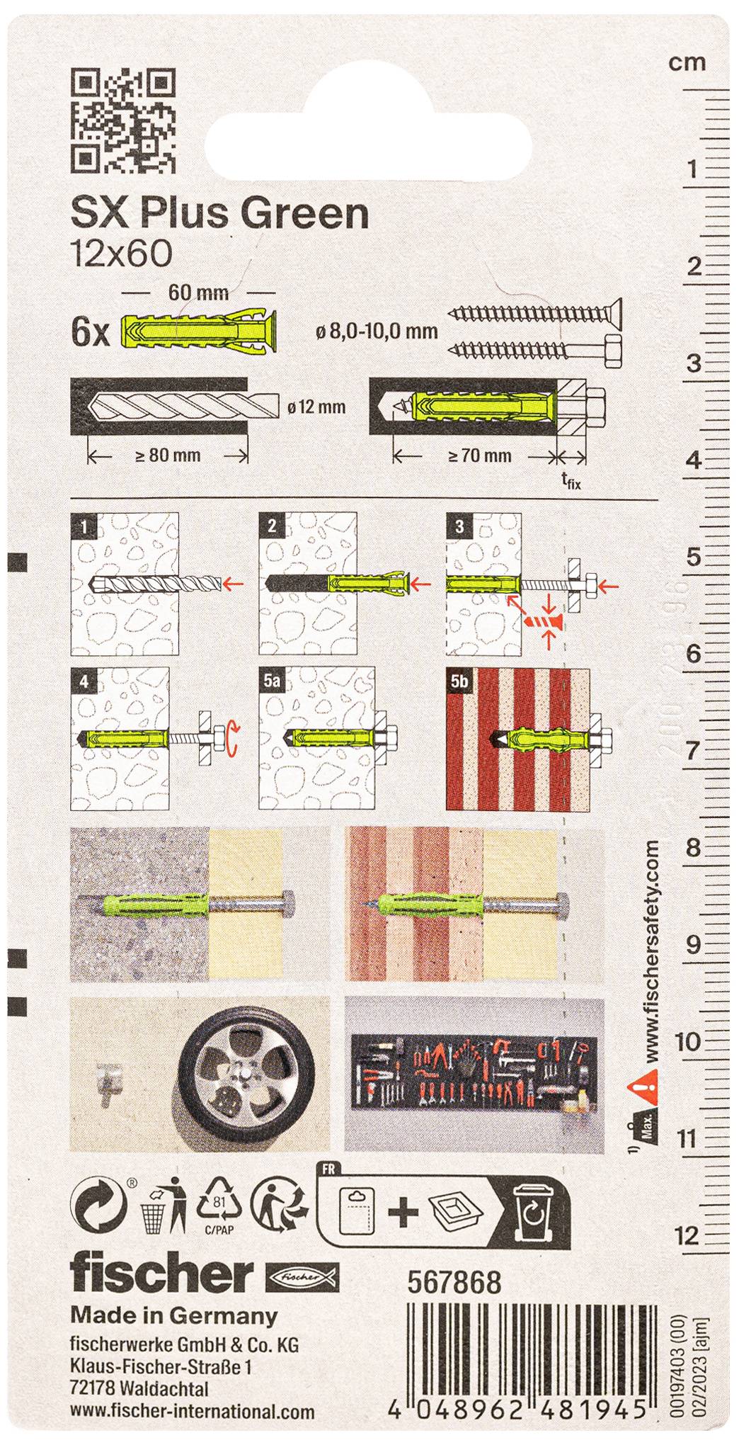 Instrukcja użycia kołka rozporowego Fischer SX Plus Green, w tym średnica wiercenia, głębokość osadzenia oraz zalecenia materiałowe.