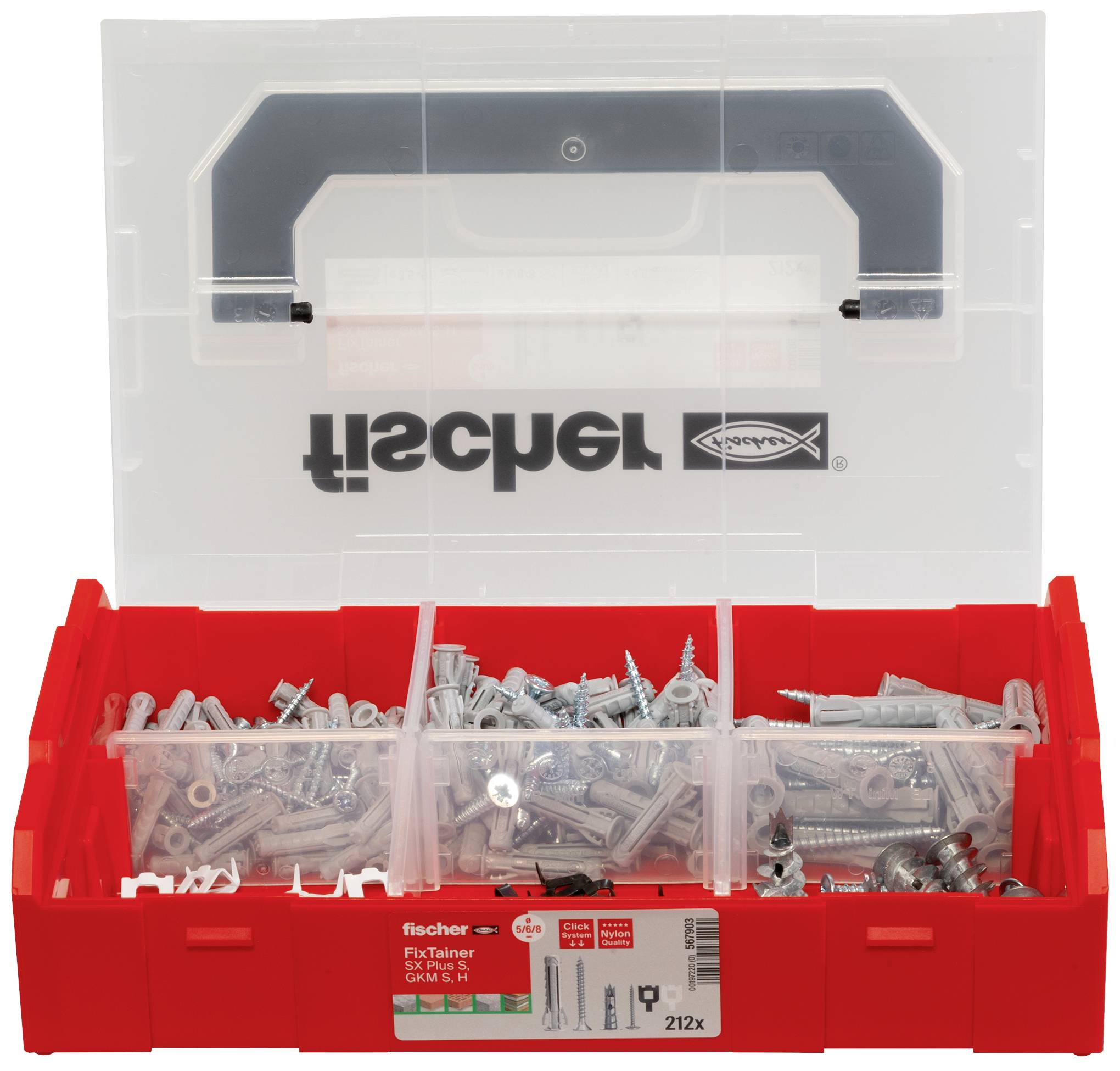 Otwarte czerwone pudełko z tworzywa sztucznego z przegrodkami, wypełnione różnymi śrubami i kołkami rozporowymi.