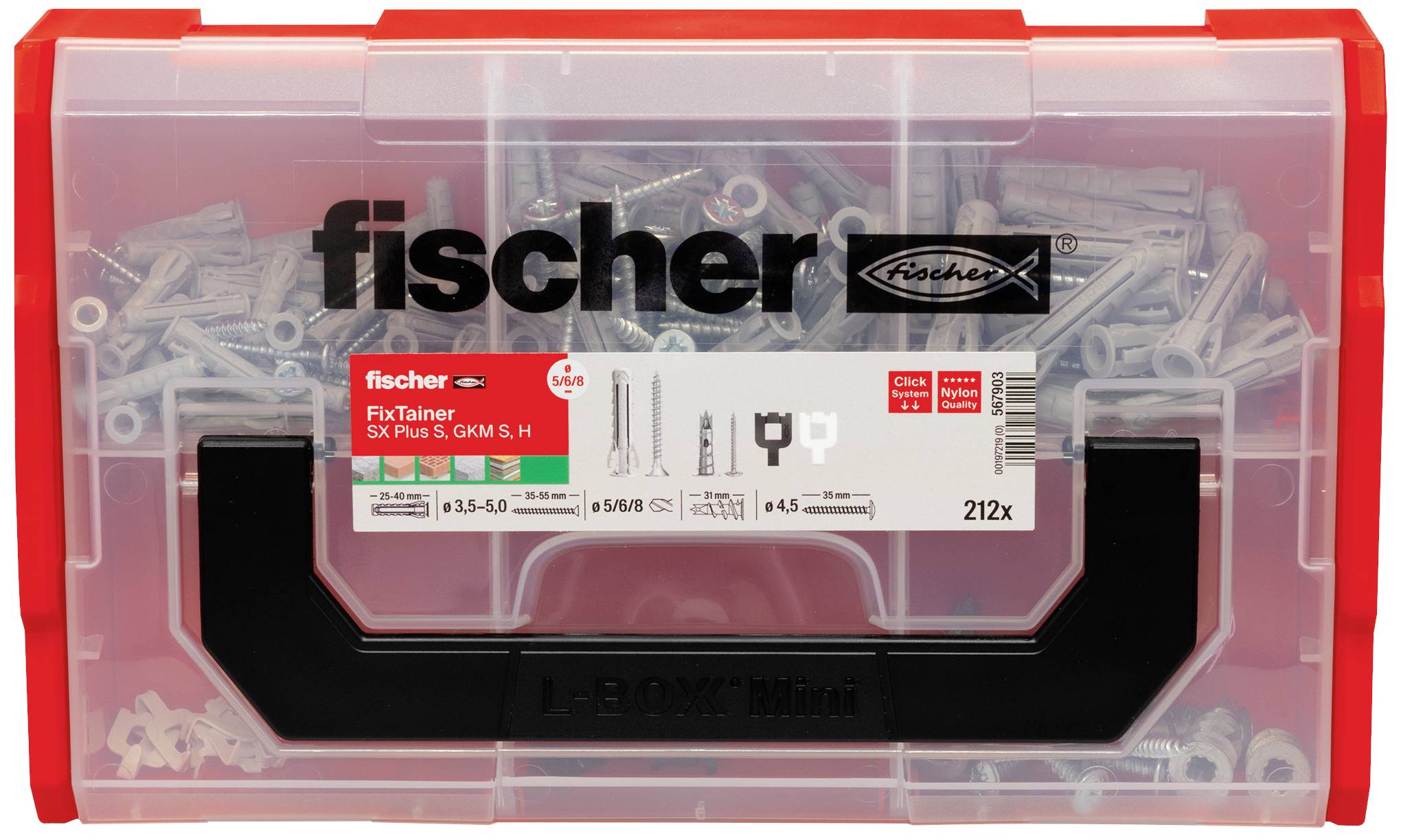 Czerwona plastikowa skrzynka z napisem 'fischer', wypełniona różnymi kołkami i śrubami. Etykieta wskazuje zawartość i wymiary.