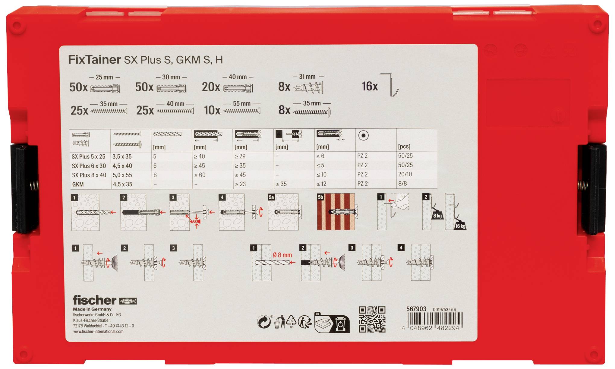 Czerwone pudełko z tworzywa sztucznego z logo Fischer zawiera kołki i śruby. Nadruk prezentuje przegląd produktu oraz wskazówki dotyczące montażu.