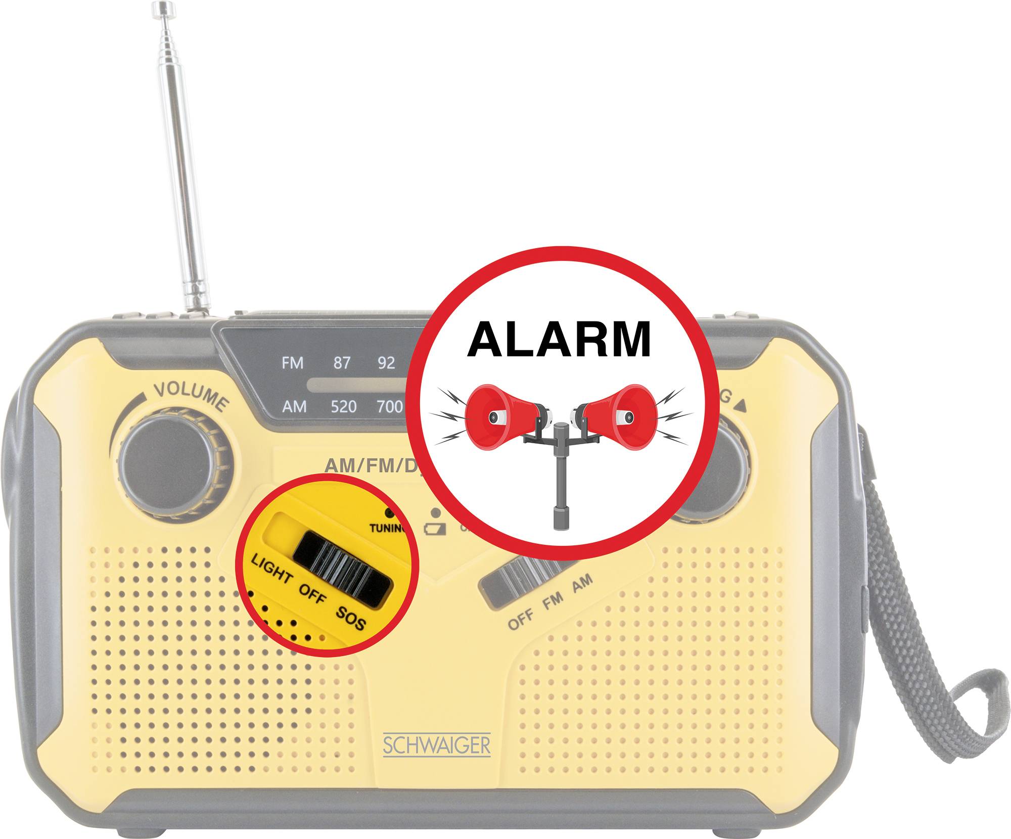 Żółte przenośne radio z ustawieniami FM/AM. Czerwony symbol z napisem 'ALARM' pośrodku wskazuje na sygnał ostrzegawczy.