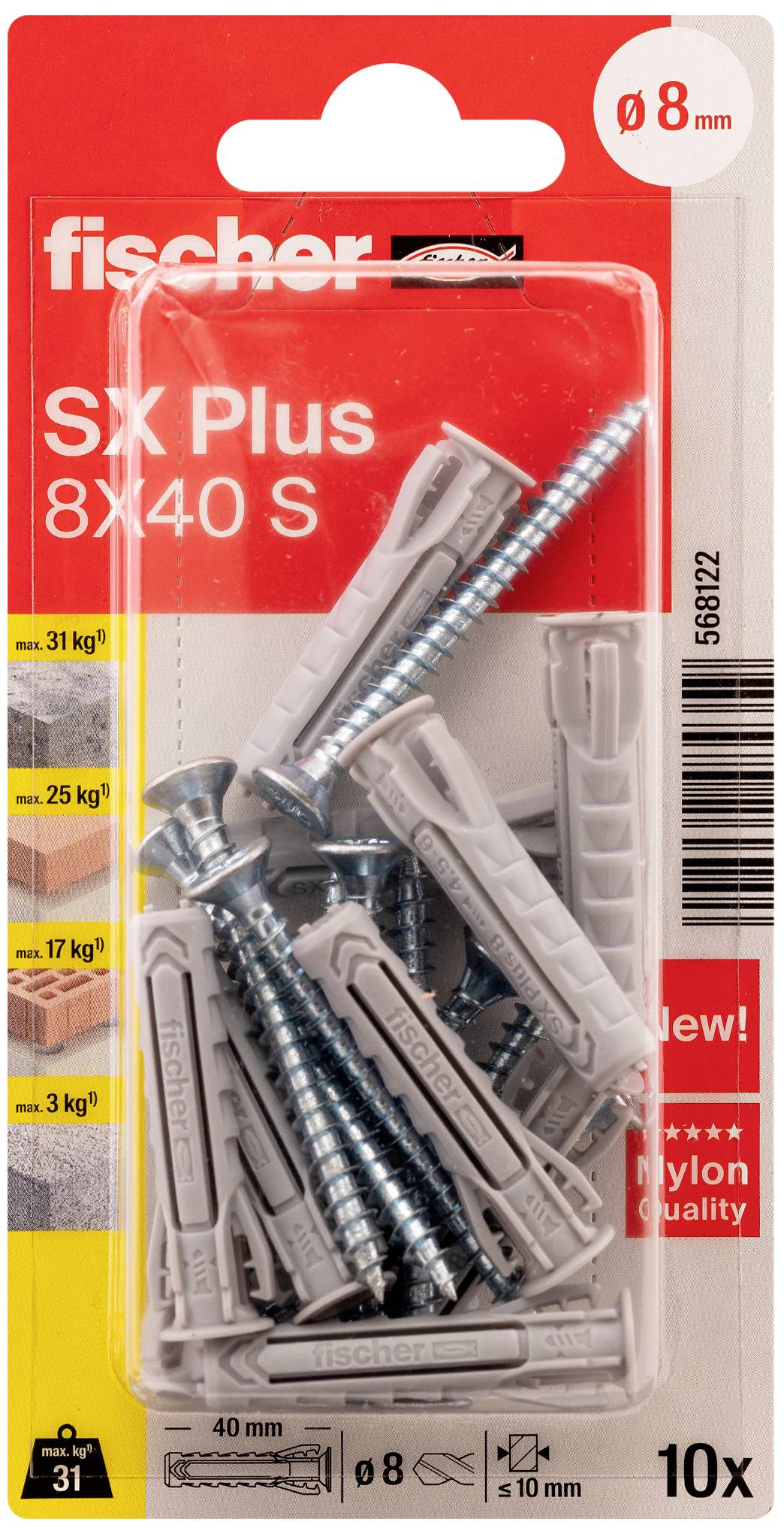 Opakowanie z kołkami i śrubami Fischer SX Plus, rozmiar 8x40 mm, wytrzymałość od 25 kg do 50 kg, 10 sztuk w zestawie.