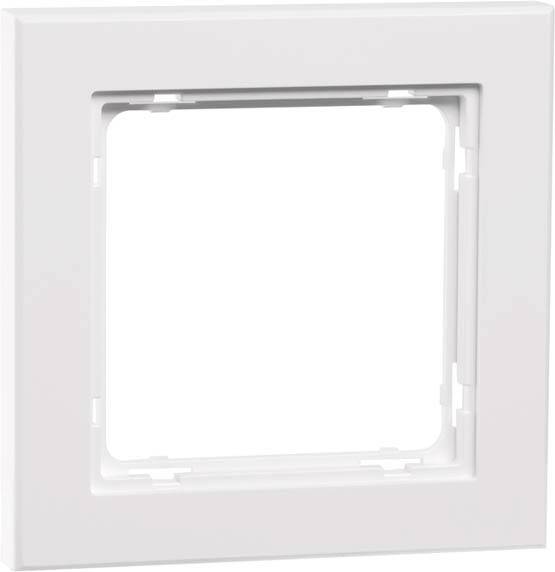 Biała, kwadratowa ramka na włącznik światła na ścianie, bez wmontowanego włącznika.