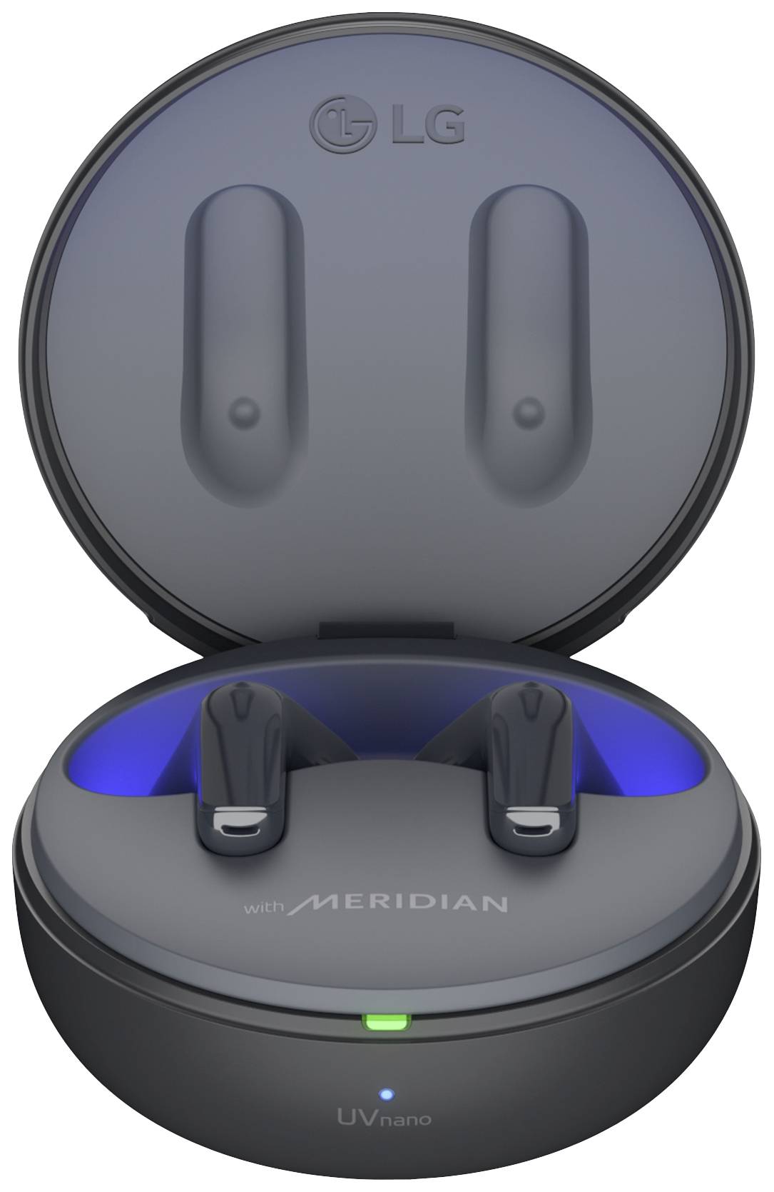 Bezprzewodowe słuchawki douszne LG w okrągłym etui ładującym, otwarte, ukazujące słuchawki. Niebieskie światła wewnątrz etui.