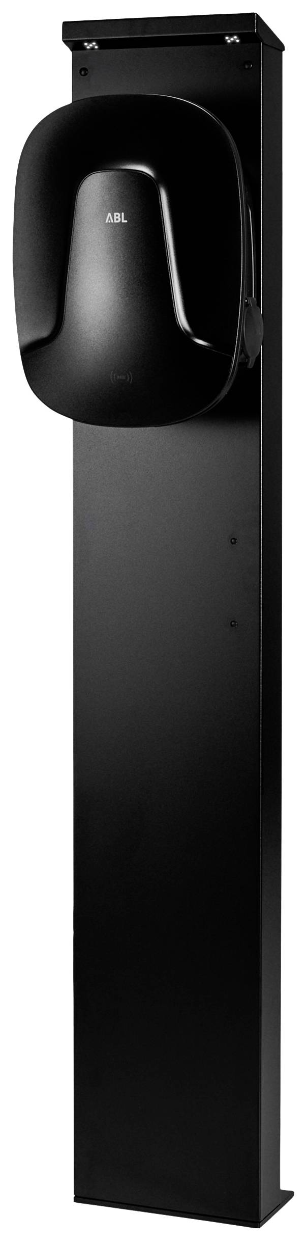 Czarna stacja ładowania pojazdów elektrycznych na czarnym słupie, odpowiednia do użytku na zewnątrz.