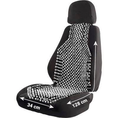 Czarno-biały pokrowiec na fotel samochodowy z masażem drewnianymi kulkami, zaprojektowany ergonomicznie. Wymiary: 34 cm szerokości, 128 cm długości.