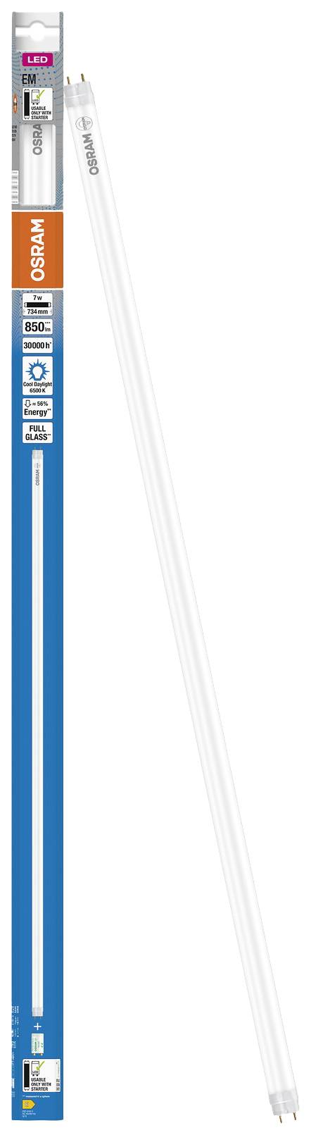 Opakowanie i świetlówka OSRAM, LED SubstiTUBE Advanced T8 EM, długa i wąska, w niebiesko-pomarańczowym opakowaniu.