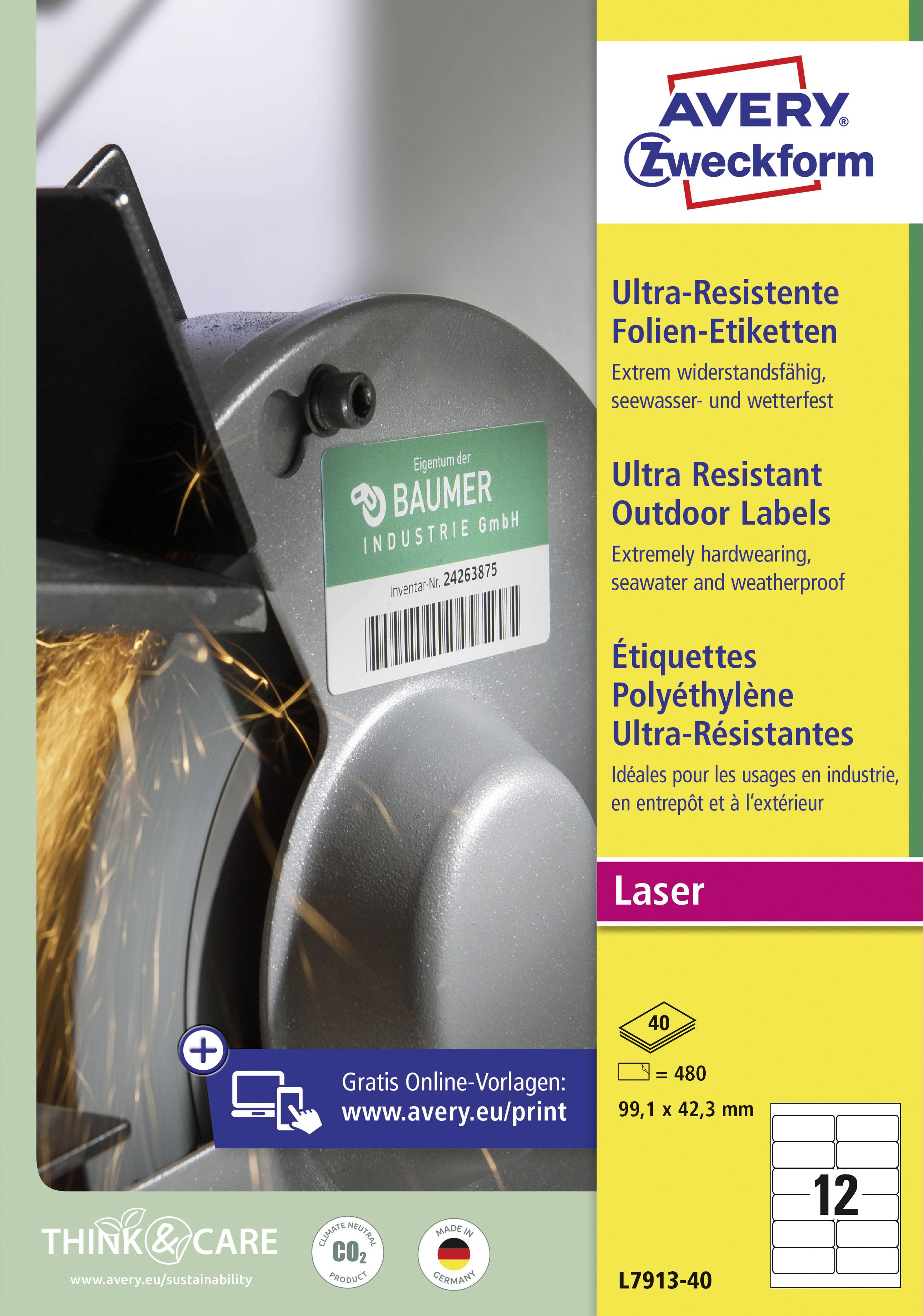 Універсальна етикетка Avery-Zweckform L7913-40 99,1 x 42,3 мм Поліетиленова плівка біла 480 шт. Міцний лазерний принтер, кольорови