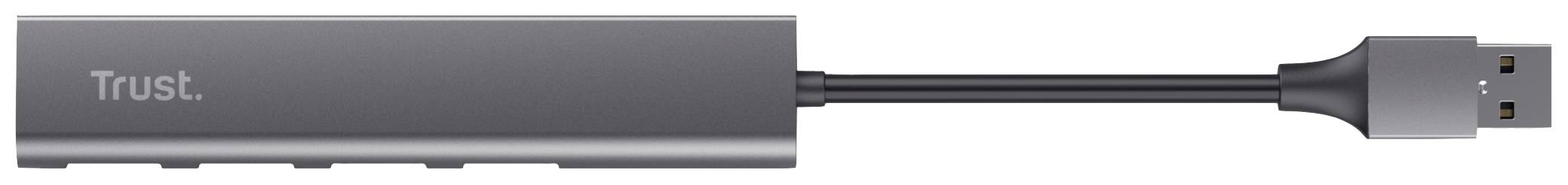 Szary hub USB z logo Trust, oferujący kilka złączy do rozszerzenia pojemności USB komputera.