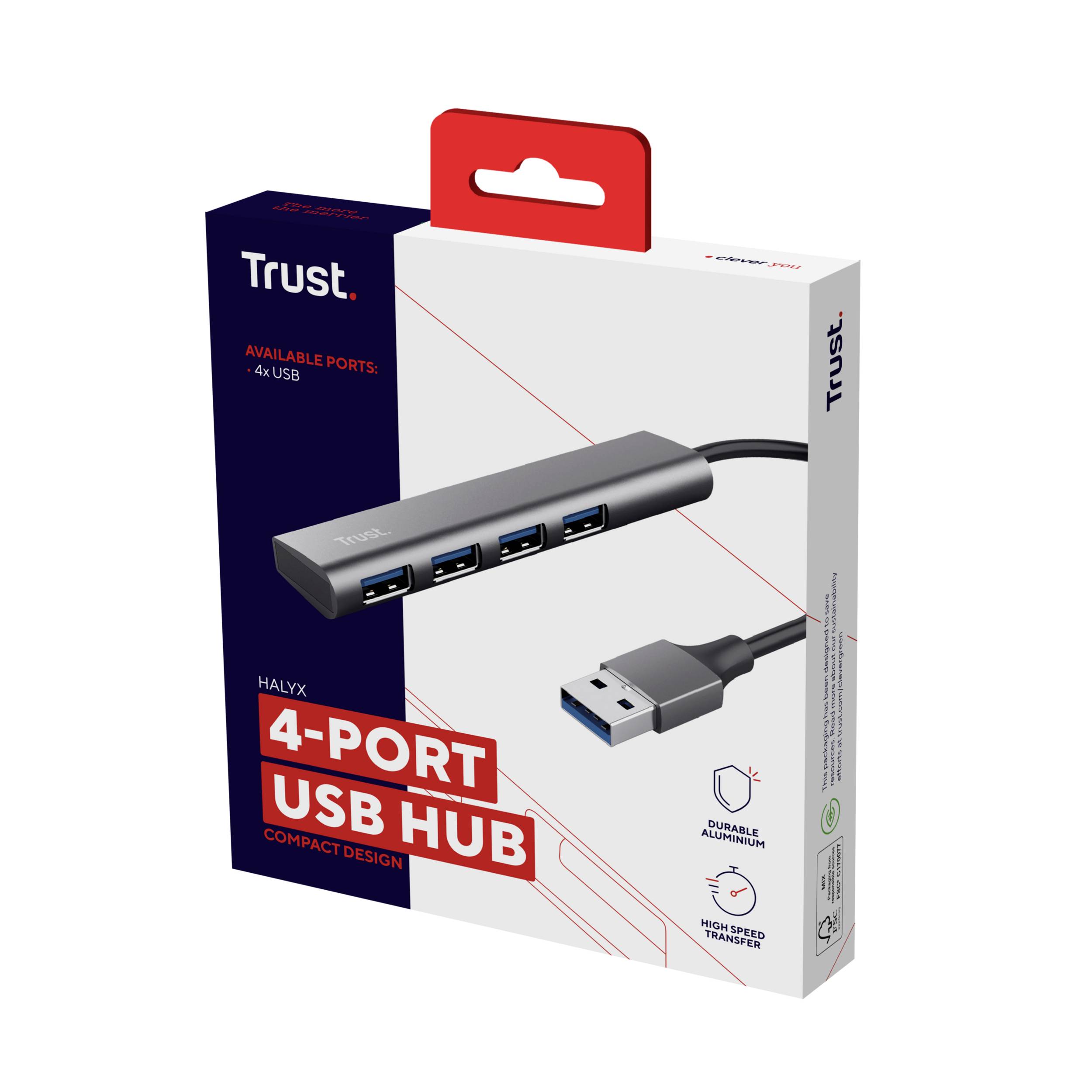 Opakowanie Hub USB z napisem 'Hub USB 4-portowy'. Zawiera zdjęcie huba z czterema złączami USB. Marka: Trust.