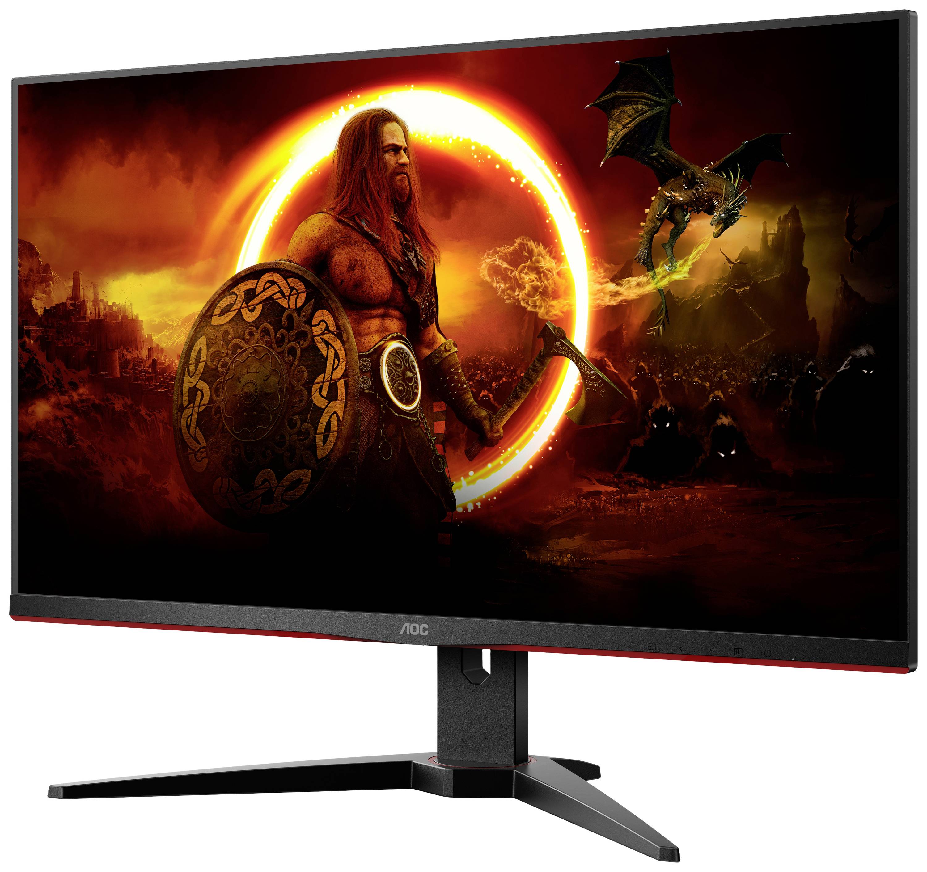 Na ekranie widać grę fantasy przedstawiającą wojownika trzymającego tarczę i topór. W tle smok leci przed zachodem słońca.