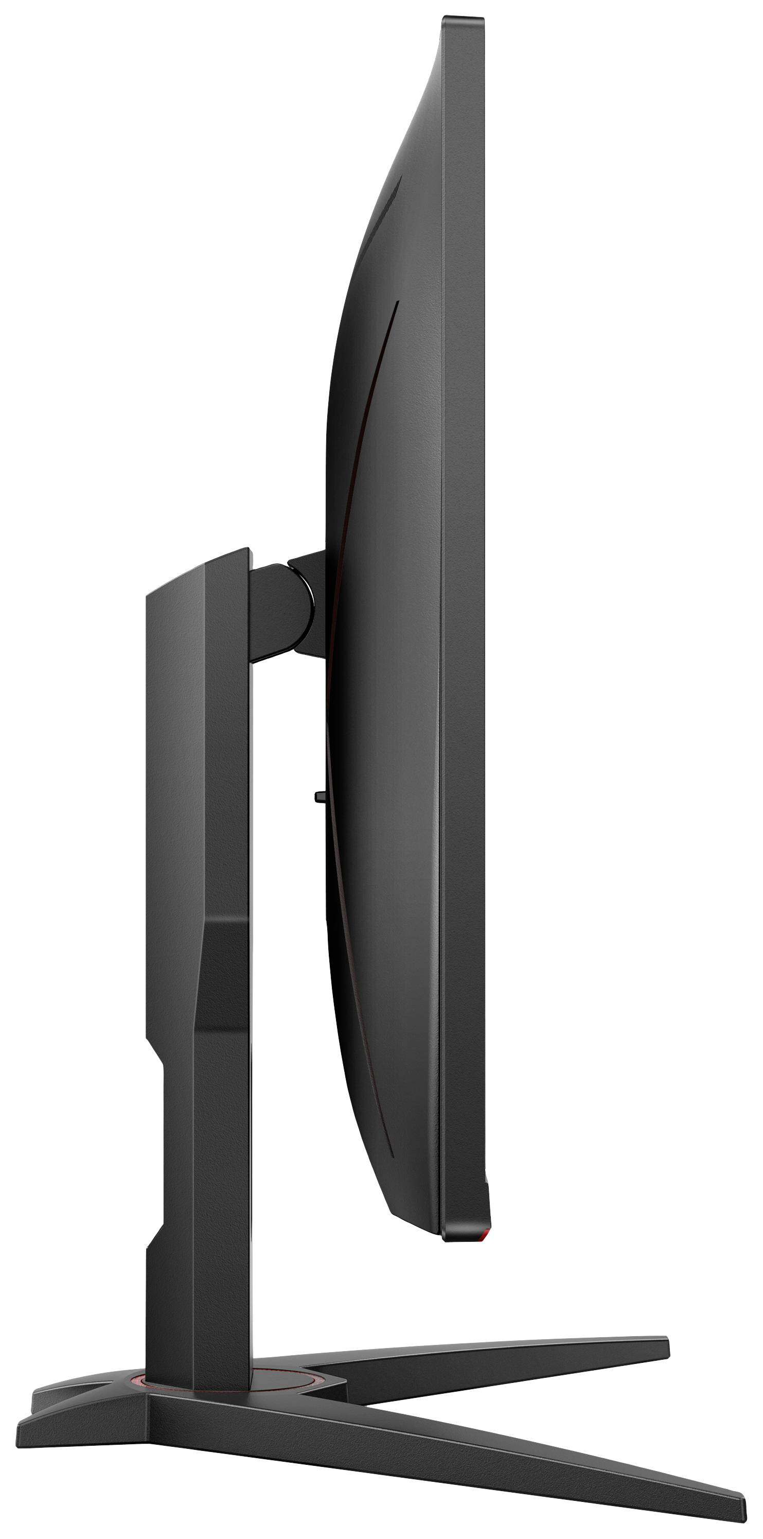 Widok z boku zakrzywionego ekranu komputerowego na podstawce. Ekran jest smukły i nowoczesny w projekcie.