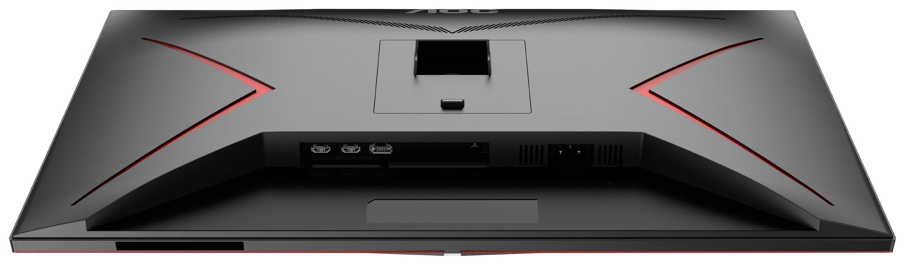 Widok z tyłu czarnego monitora komputerowego z czerwonymi akcentami. Widoczne są złącza i obszar mocowania.