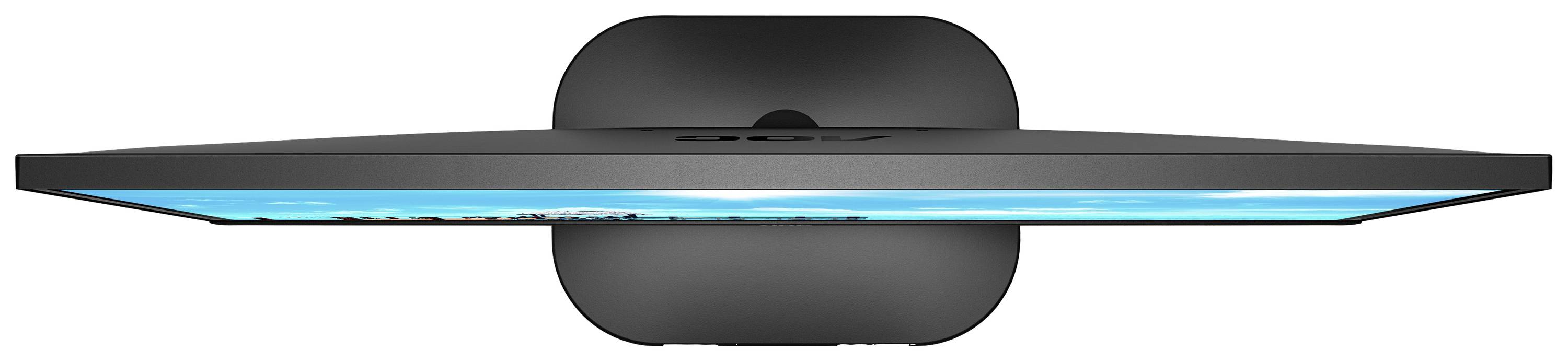 Smukły, nowoczesny monitor komputerowy widziany z boku, prezentuje cienki ekran ze stabilną podstawą.