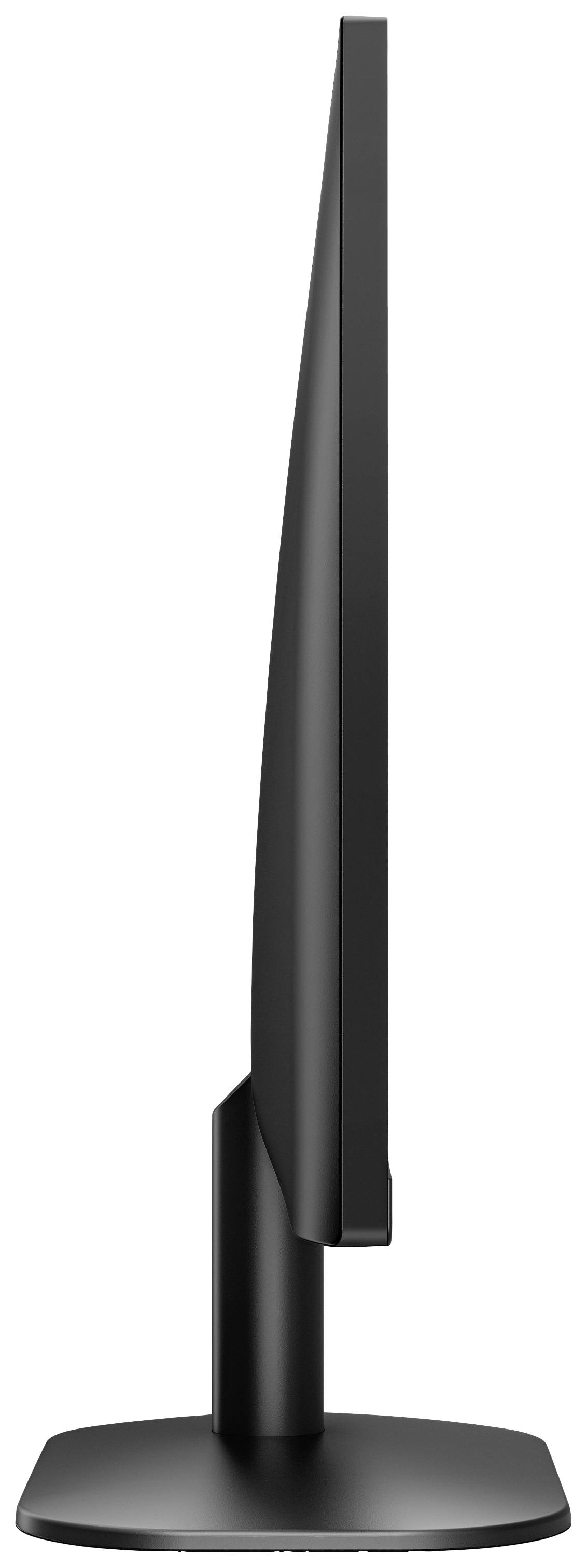 Widok z boku smukłego, czarnego monitora komputerowego na podstawie, prezentujący jego minimalistyczną sylwetkę.