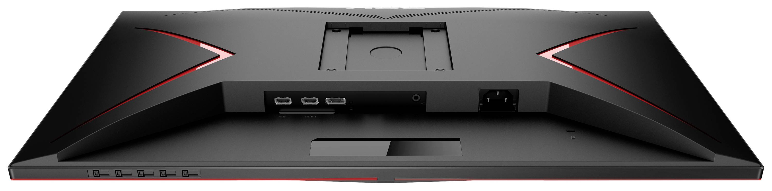 Tylna strona czarnego monitora z czerwonymi akcentami, prezentująca różne złącza i elementy sterujące.