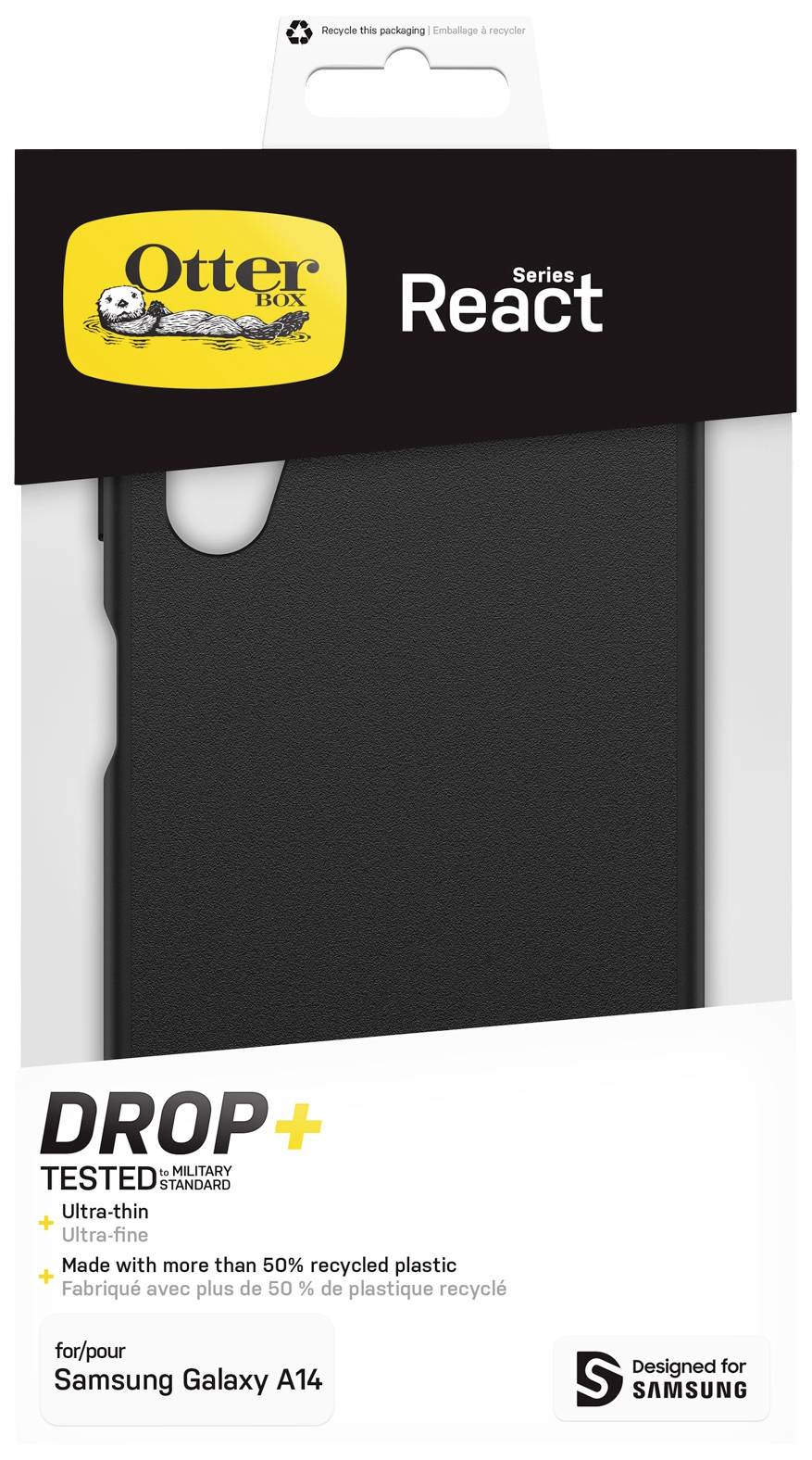 Etui OtterBox React Series dla Samsung Galaxy A14. Podkreśla lekką i solidną ochronę, wykonane z ponad 50% przetworzonego plastiku.