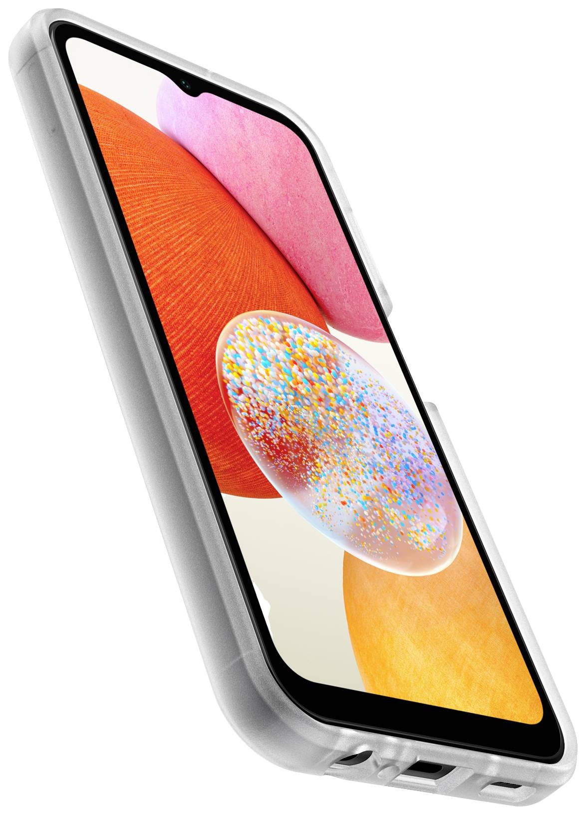 Smartfon w etui z kolorowym tłem ekranu. Widok z boku ukazuje obudowę i otwory portów.