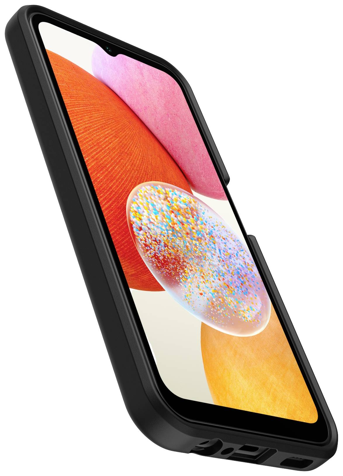 Smartfon z wytrzymałą, czarną obudową. Na ekranie widoczne są kolorowe, abstrakcyjne kształty w odcieniach pomarańczowego, różowego oraz wielobarwne punkty.