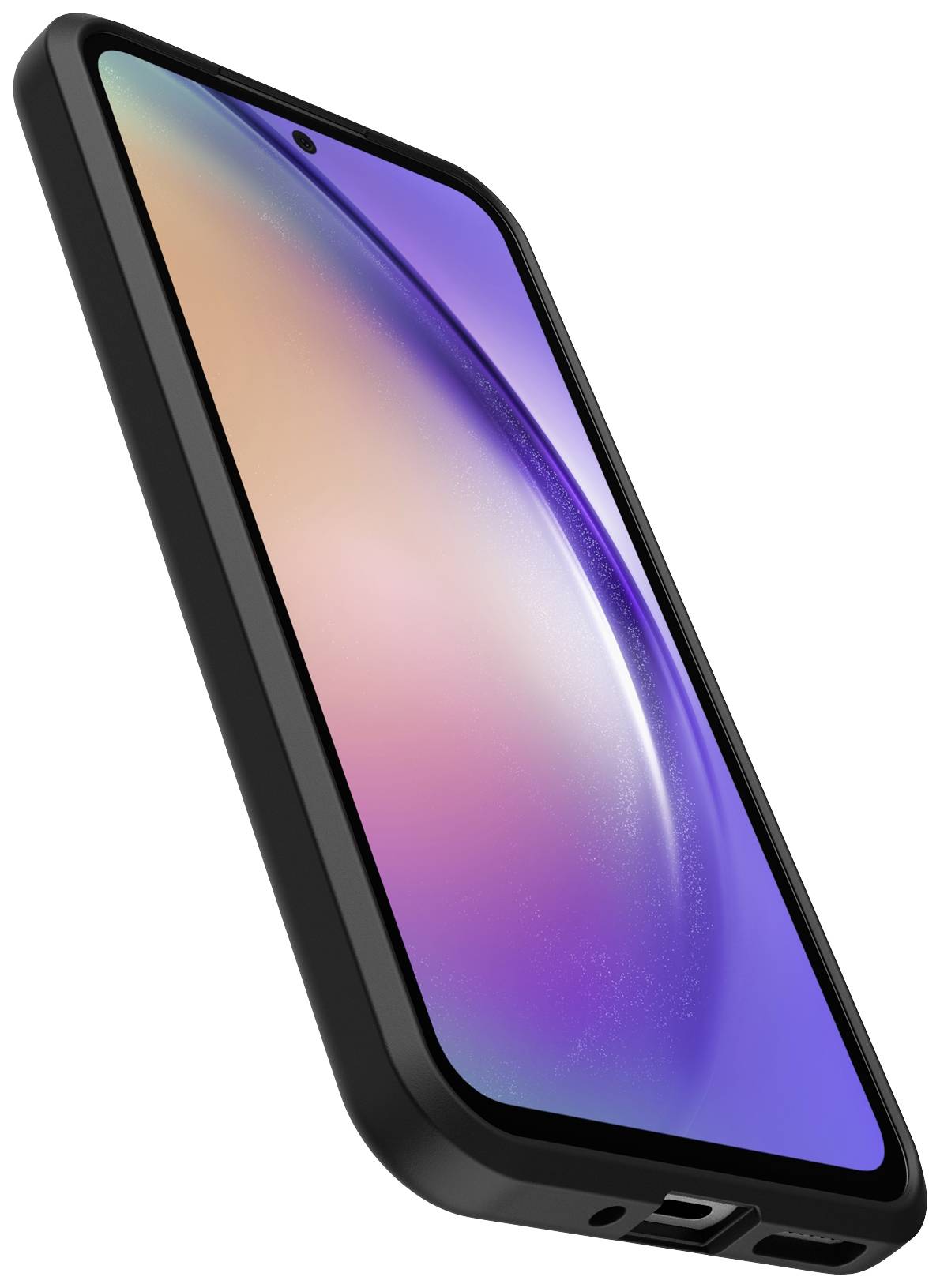 Nowoczesny smartfon z zaokrąglonym ekranem, czarną ramką i kolorowym, świecącym wyświetlaczem na białym tle.