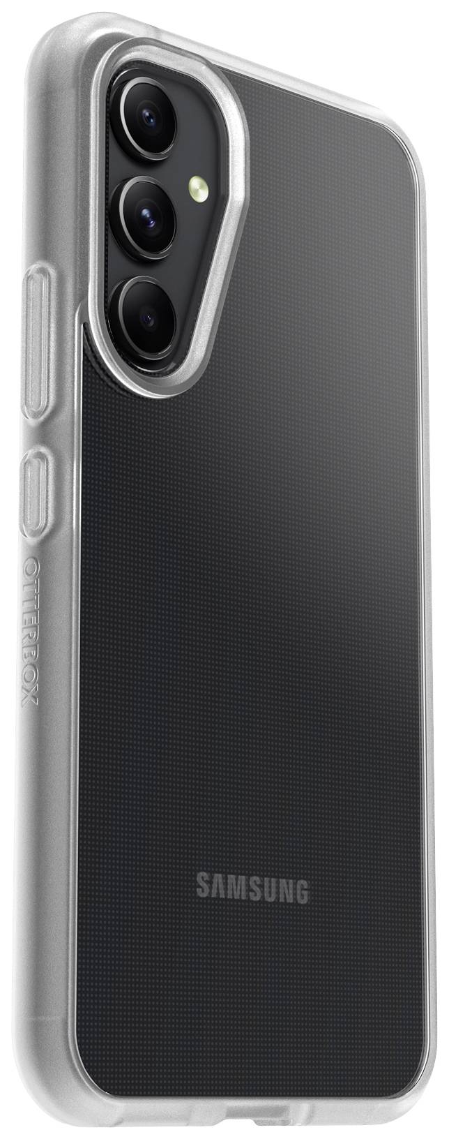 Smartfon Samsung z trzema obiektywami aparatu i przezroczystą obudową ochronną OtterBox.