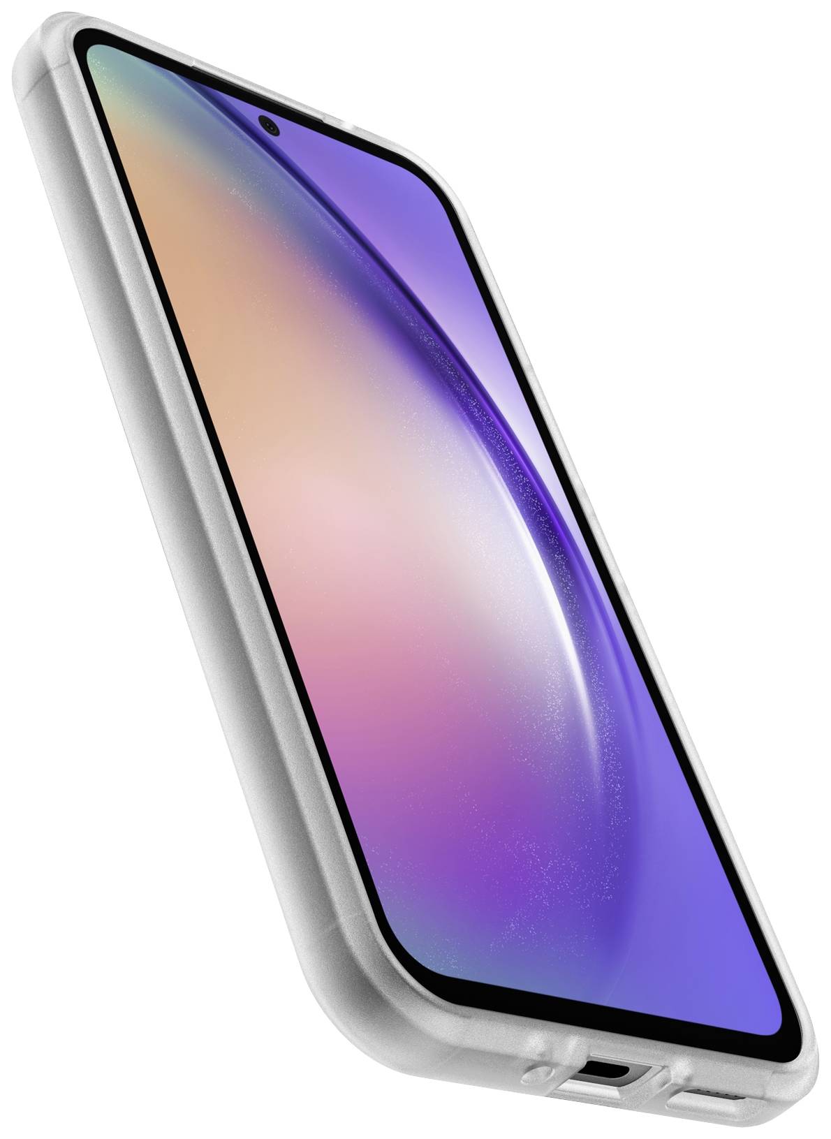 Obraz przedstawia nowoczesny smartfon z wąską ramką i kolorowym ekranem, sfotografowany pod skosnym kątem.