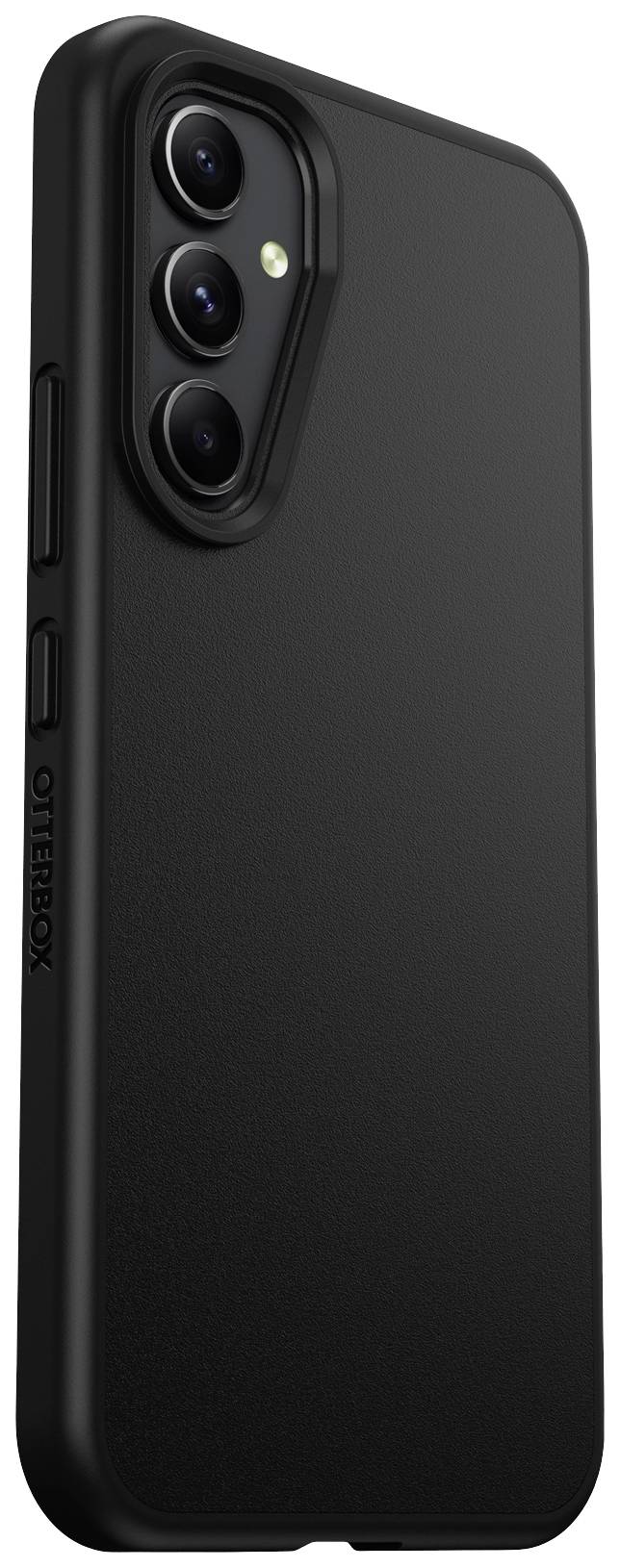 Czarno-czarne etui na smartfona z trzema obiektywami kamery i matowym wykończeniem, widoczne przyciski boczne oraz logo OtterBox.