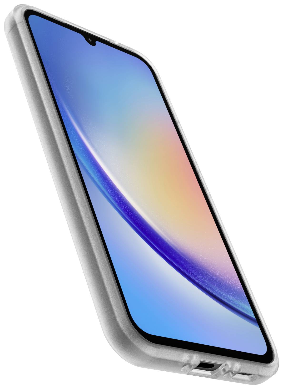 Nowoczesny smartfon z zaokrąglonymi narożnikami, niebieski i pomarańczowy tło ekranu, szara obudowa ochronna.