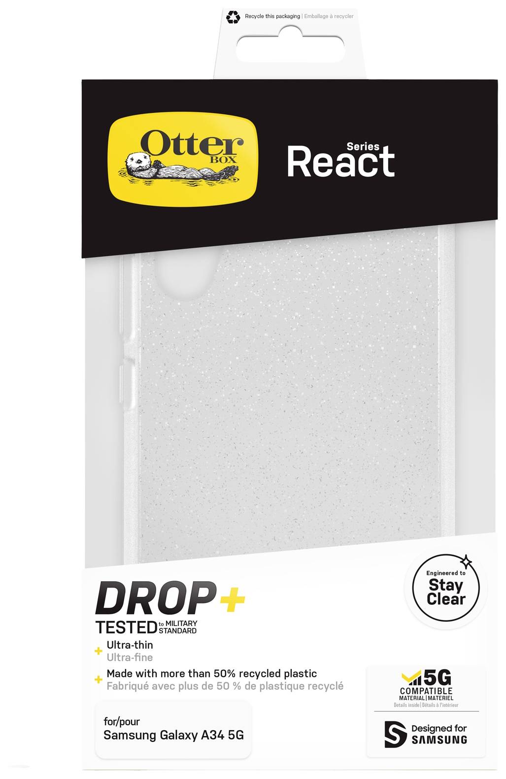 Opakowanie przezroczystej, ochronnej serii React firmy OtterBox do Samsung Galaxy A34 5G. Cechy: ultracieniutka, testowana pod kątem odporności na upadki.