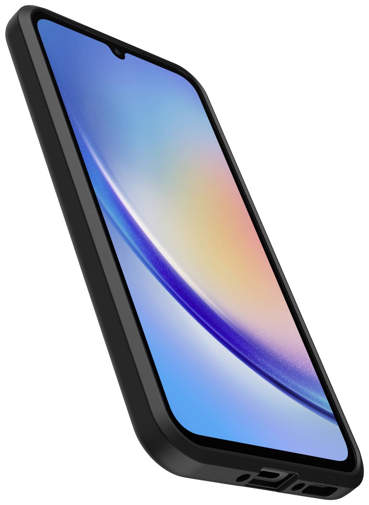 Nowoczesny smartfon o zakrzywionym kształcie prezentuje kolorowy ekran, który płynnie przechodzi z błękitu w pomarańcz.