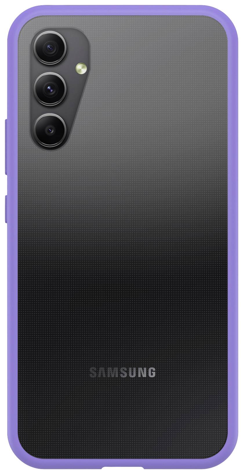 Smartfon Samsung w fioletowym etui; widok z tyłu przedstawia potrójny aparat i lampę błyskową LED.