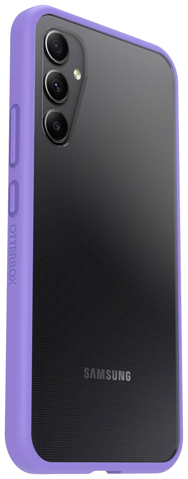 Czarny smartfon Samsung z fioletowym etui OtterBox, z widokiem od tyłu, gdzie trzy obiektywy aparatu znajdują się w lewym górnym rogu.