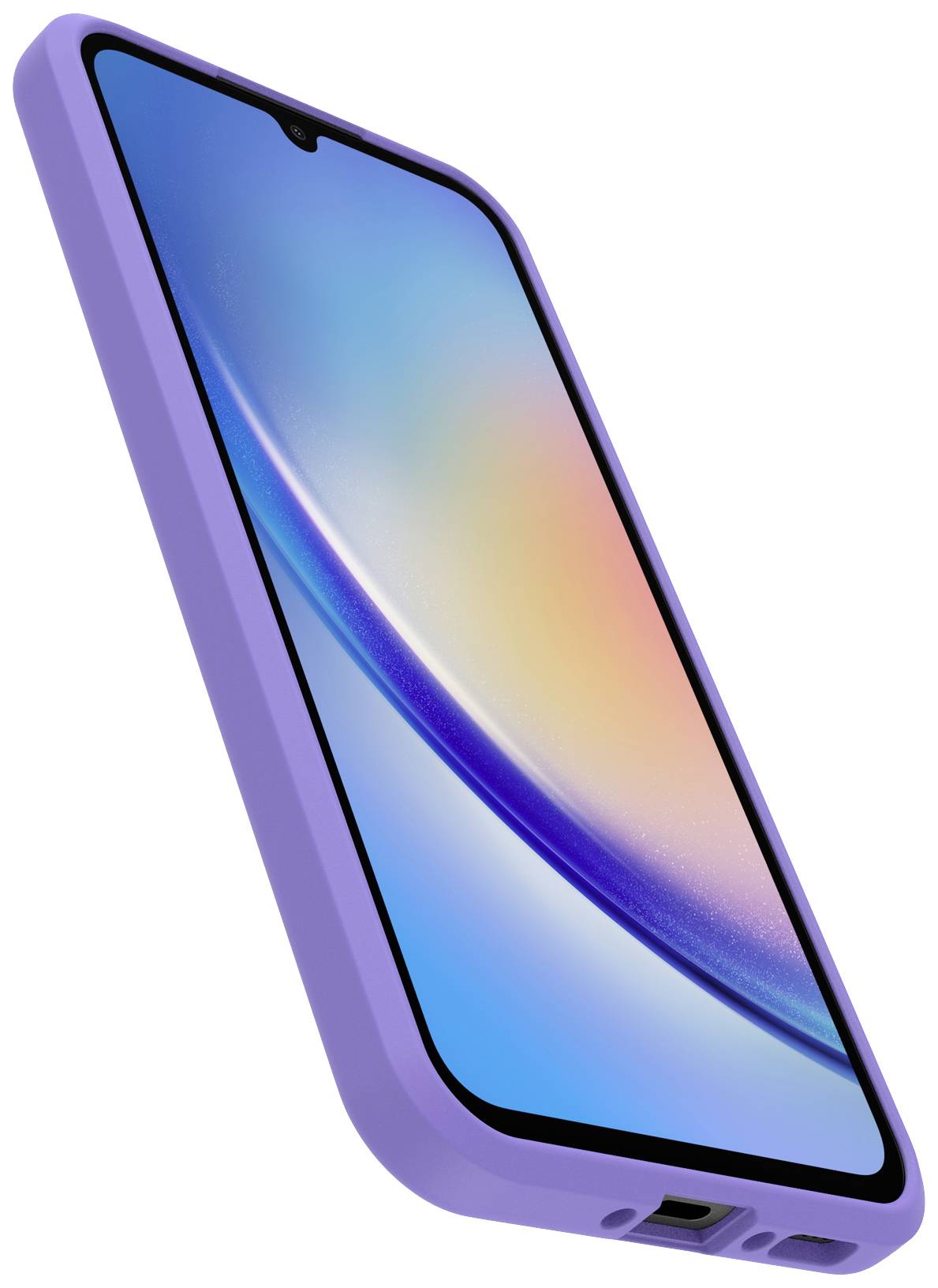 Nowoczesny smartfon w fioletowej obudowie, wyświetlany pod skosem. Na ekranie widać abstrakcyjny, kolorowy wzór.