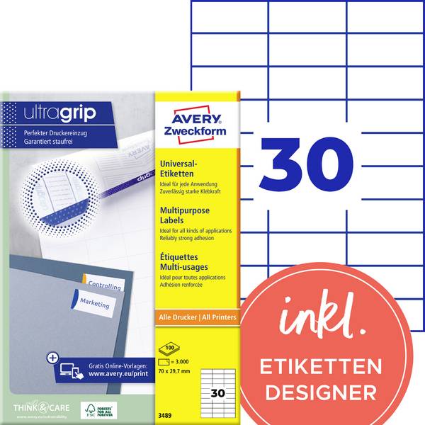 Avery-Zweckform 3489 Etykieta uniwersalna 70 x 29.7 mm Papier biały 3000 szt. Trwały Drukarka Laserowa, kolorowa, Drukarka Laserowa