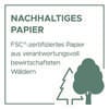 Papier ekologiczne - papier certyfikowany FSC z odpowiedzialnie zarządzanych lasów, przedstawiony za pomocą symboli drzewa i strzałki.