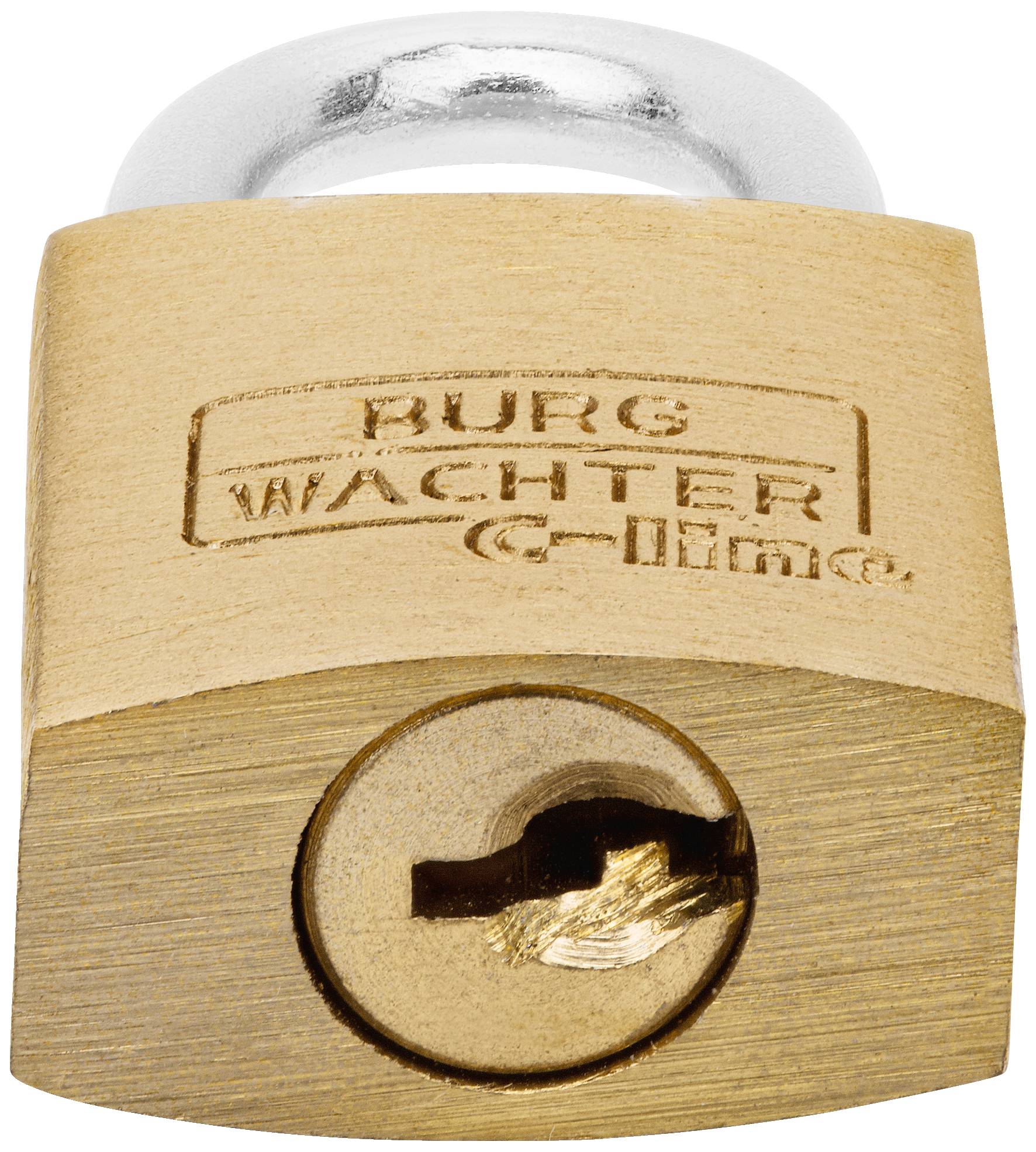 Mosiężna kłódka z srebrnym strzemięnkiem, na którym wygrawerowano 'BURG WÄCHTER C-line'.