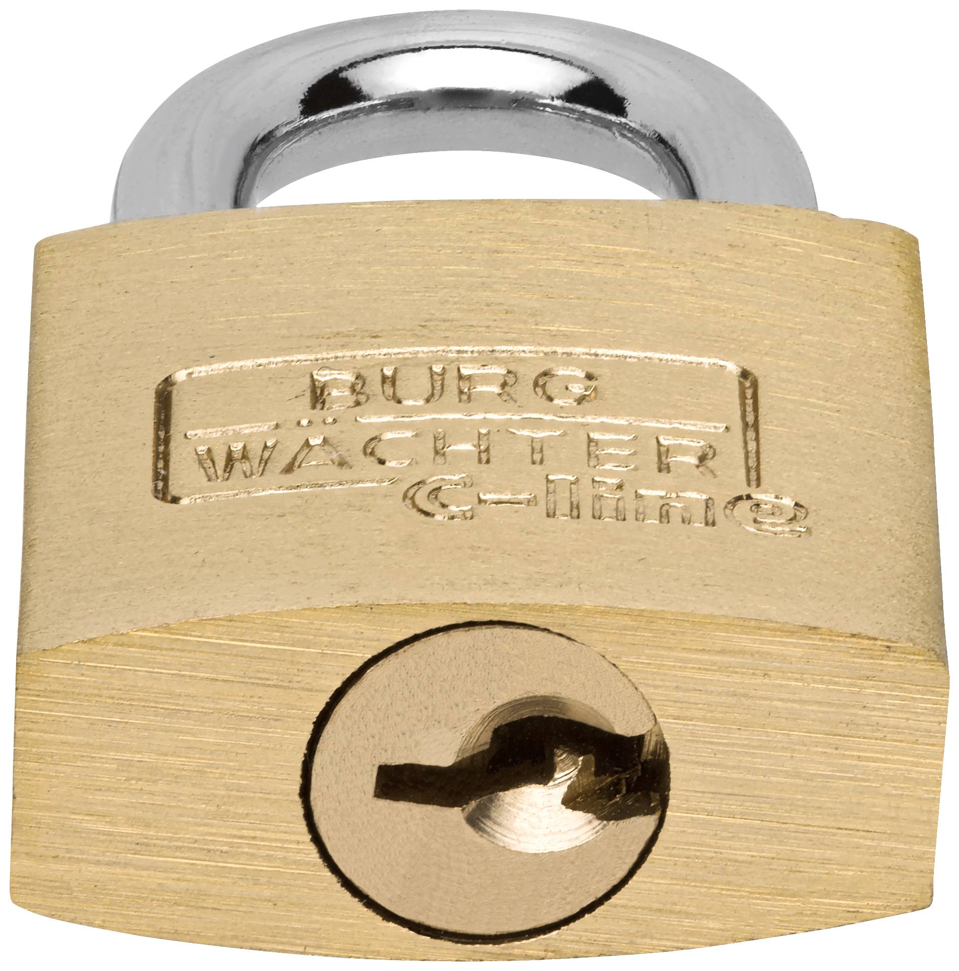 Złoty kłódka z srebrnym uchem. Na przedniej stronie wygrawerowany jest napis 'BURG WÄCHTER C-line'.