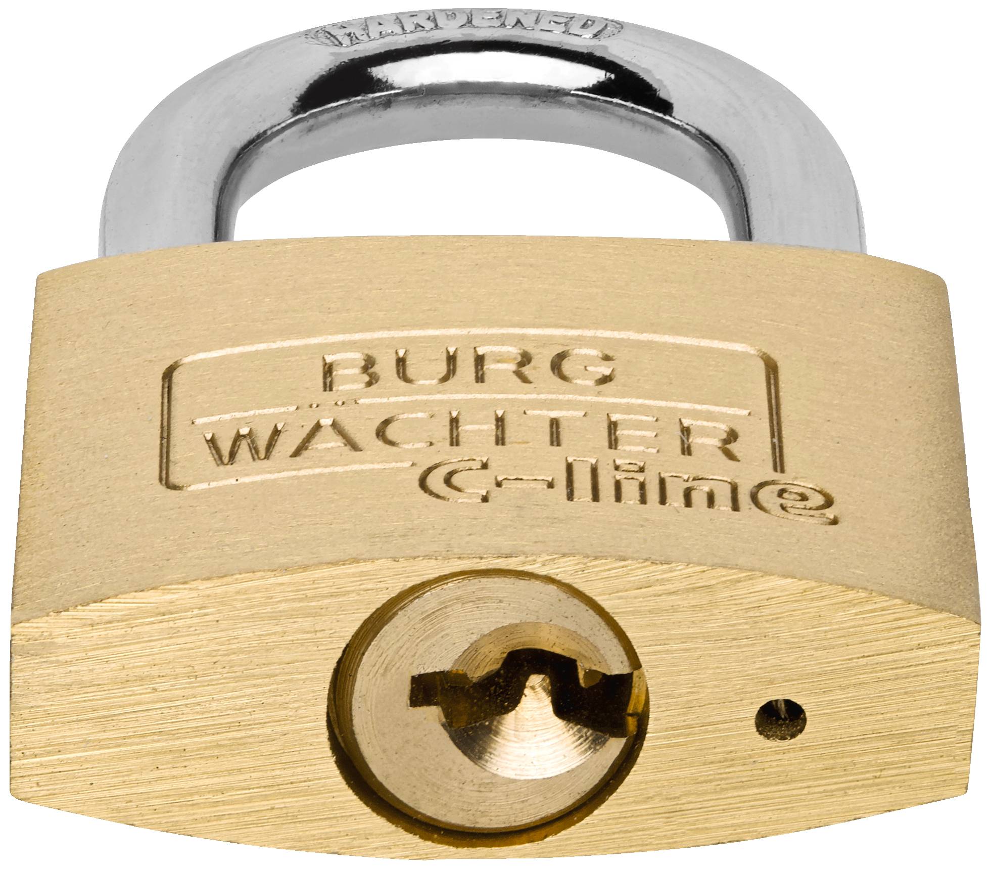 Masywna mosiężna kłódka z grawerem 'Burg Wächter C-line', zamknięta, na neutralnym tle.