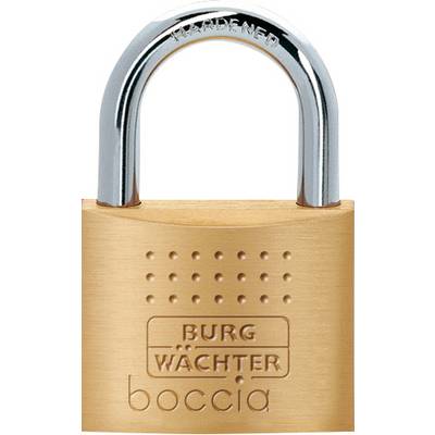 Mosiężna kłódka z srebrnym trzpieniem. Na górze napis 'HARDENED', poniżej 'BURG WÄCHTER'. Na dole wygrawerowane jest 'boccia'.