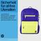 Lila i żółty plecak z napisem: 'Bezpieczeństwo dla wszystkich Twoich akcesoriów'. Wyściełana kieszeń na laptopa i miejsce na akcesoria.