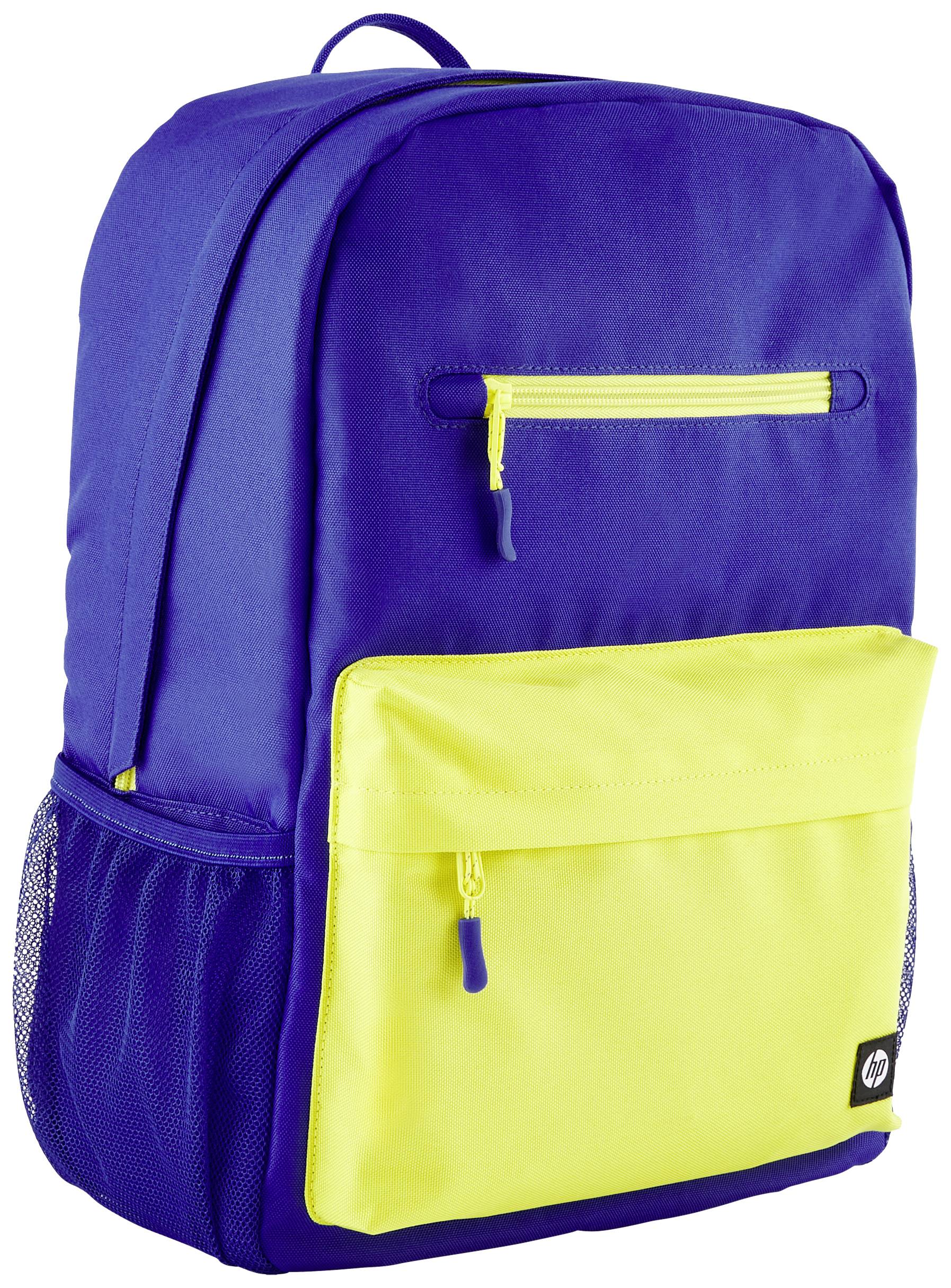 Niebieski plecak z żółtą kieszenią z przodu i zamkami błyskawicznymi. Odpowiedni do szkoły lub podróży.