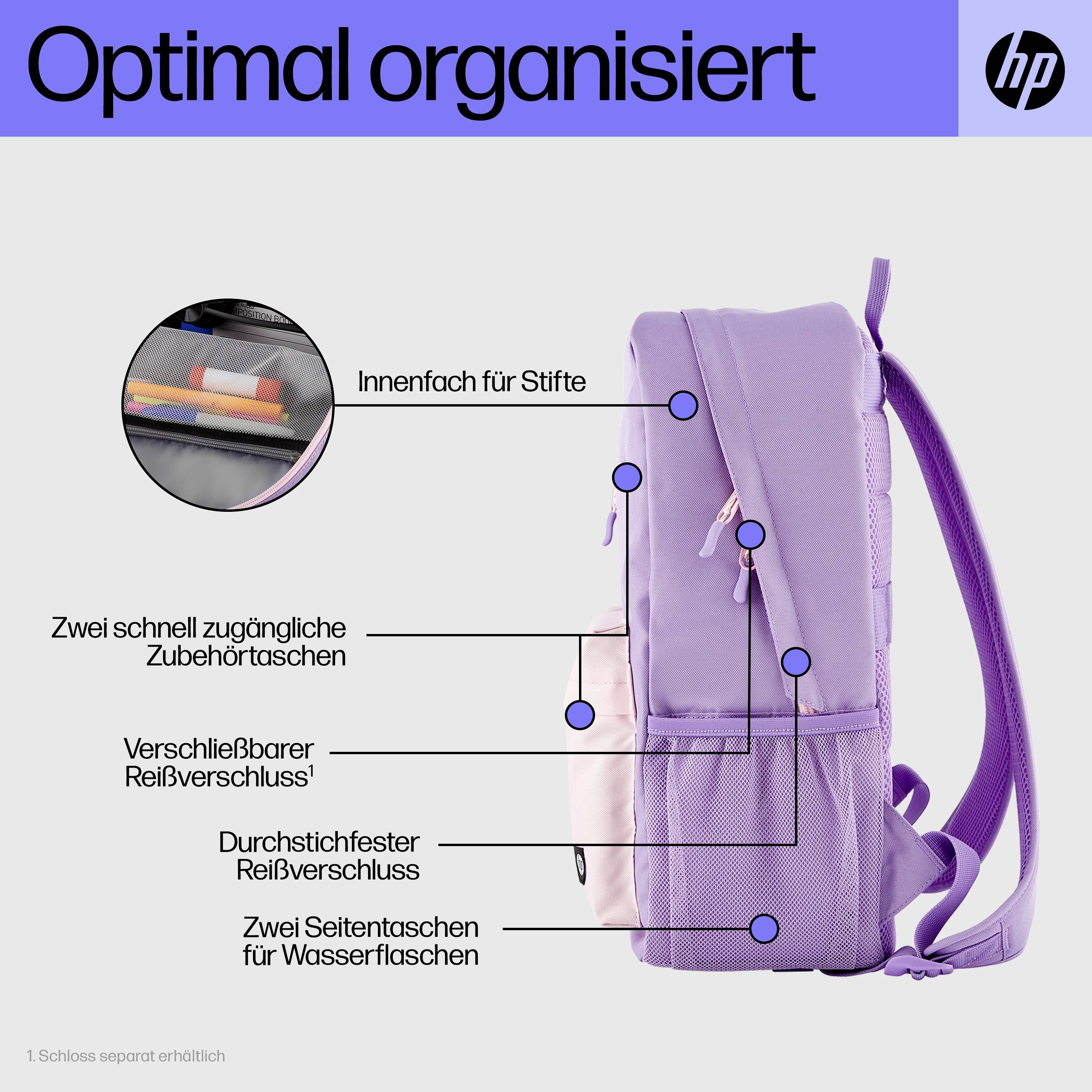 Fioletowy plecak z wieloma komorami: kieszeń wewnętrzna na przybory do pisania, dwie kieszenie boczne, kieszeń zamykana na zamek błyskawiczny, wytrzymała konstrukcja.