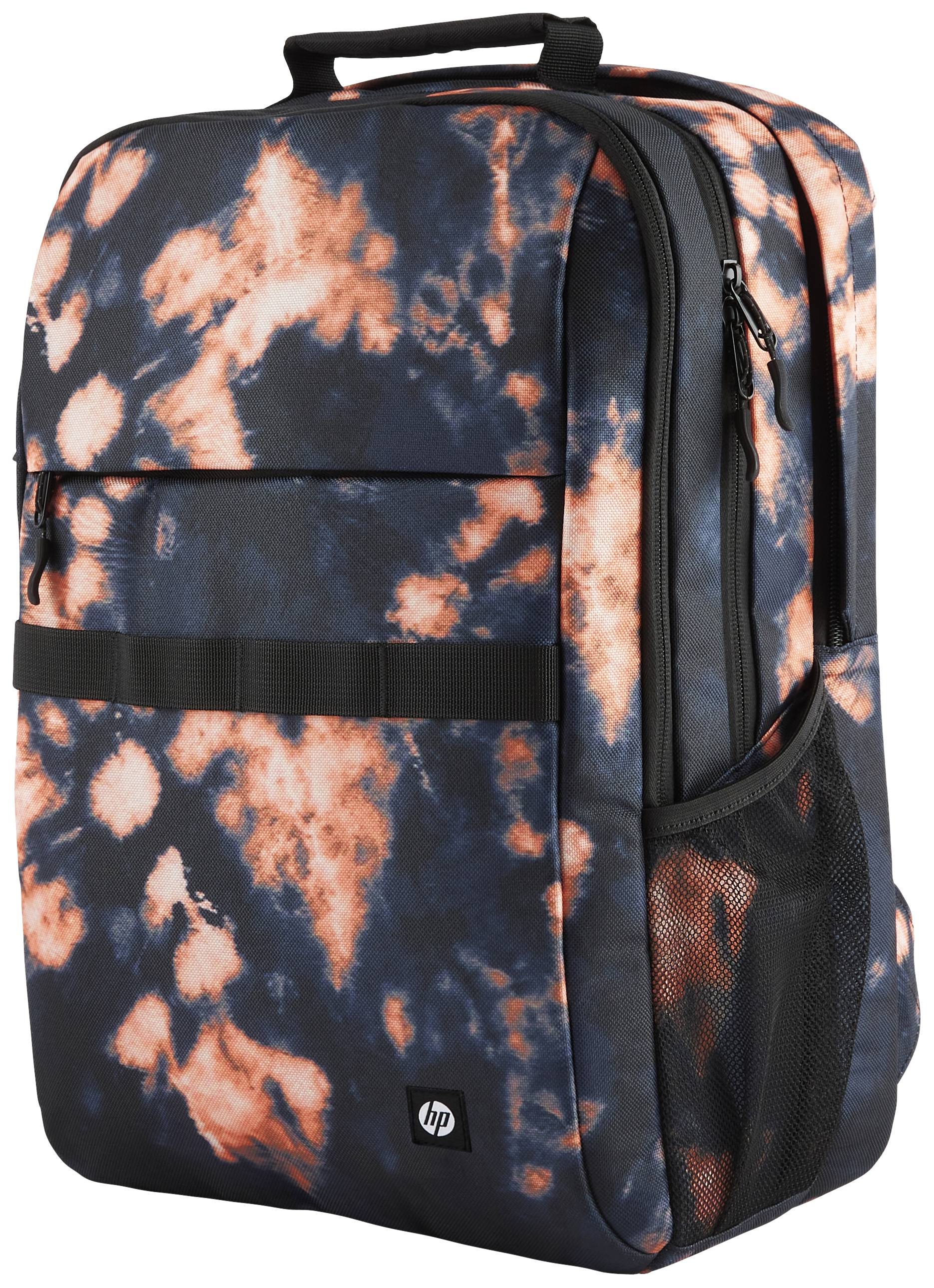 Plecak z abstrakcyjnym, pomarańczowo-niebieskim wzorem; wyposażony w boczną kieszeń siatkową i uchwyt górny.